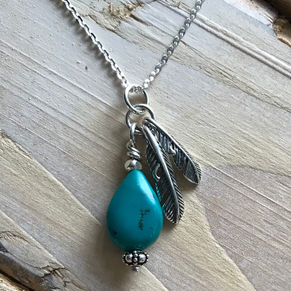 Sterling Silver Feather Charm Turquoise Necklace