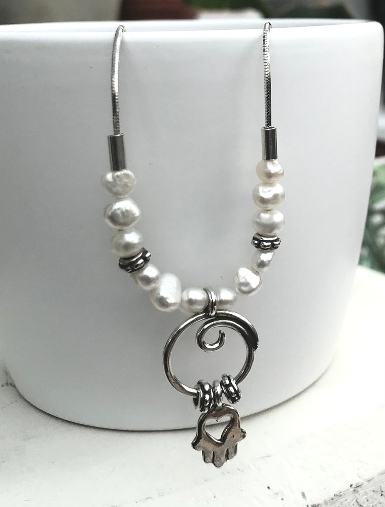 Sterling Silver Pearl Hand of Fatima Necklace