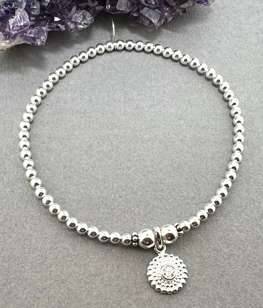 Sterling Silver Round CZ Charm Handmade Stacking Bracelet