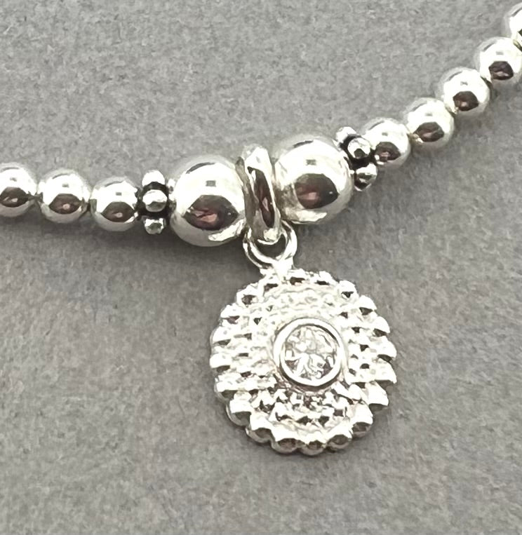 Sterling Silver Round CZ Charm Handmade Stacking Bracelet