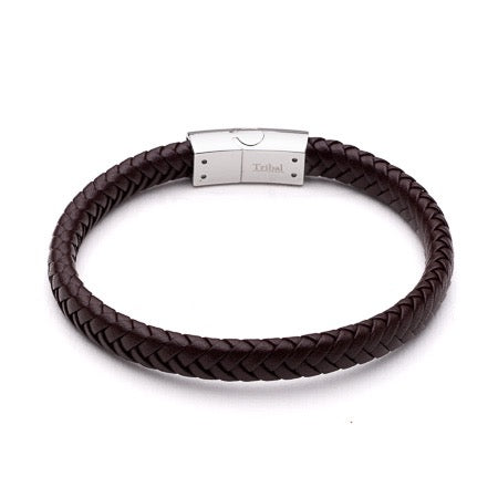 Tribal Steel Mens Brown Leather Bracelet 21cm