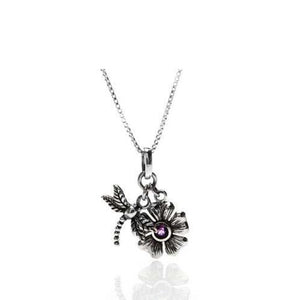 Dragon fly and flower oxidised sterling silver necklace