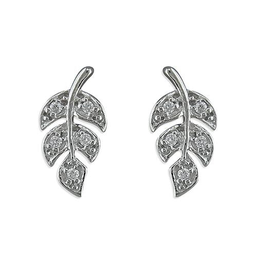 Leaf stud sterling silver and cubic zirconia earrings