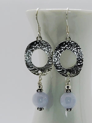 Sterling Silver Handmade Textured Blue Lace Agate Earrings