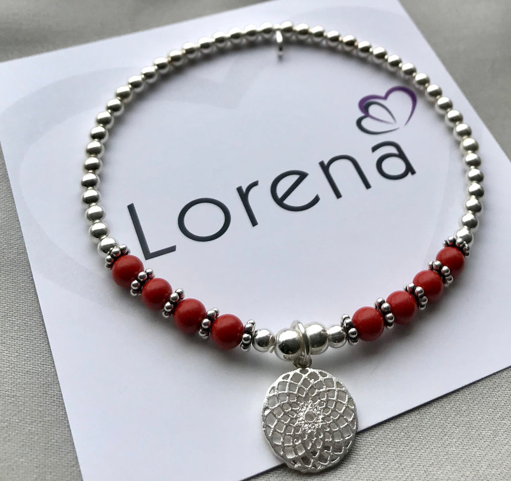 Sterling Silver Red Coral Stacking Bracelet