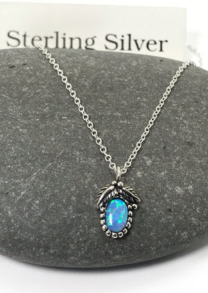 Sterling Silver Blue Opalique Necklace 16-18 Inch Chain