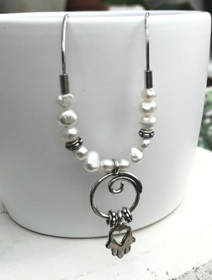 Sterling Silver Pearl Hand of Fatima Necklace