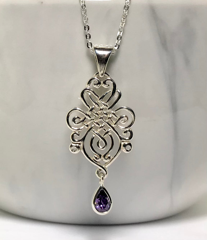 Sterling Silver Ornate Necklace Purple Stone