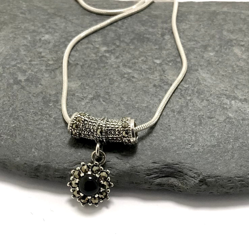 Sterling Silver Necklace Black Onyx And Marcasite